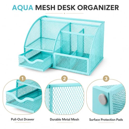 Exerz Desk Organizer 7 Compartments Metal Mesh Pen Holder Turquoise - color: Turquoise