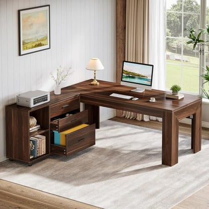 Tribesigns 63" L Shaped Desk with Storage, Executive Office Desk with Mobile Lateral File Cabinet Combo, Large Computer Table with Drawers and Shelves, Business Furniture Set for Home Office, Walnut - color: Walnut