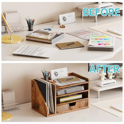 Wood Desk File Organizer with Side File Rack, Space-Efficient Design Easy to Assemble for Efficient Office Setup, Reduces Desk Clutter (Brown) - color: Brown