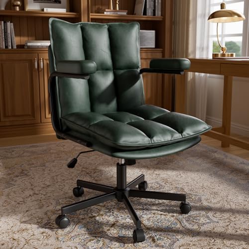 Ollega Green Petite Office Chair for Women Small to Medium Frame, Mid Century Modern Desk Chair with Arms, Soft Back&Seat, Adjustable Height, Wheels, Vintage Leather Computer Chair for Small Space