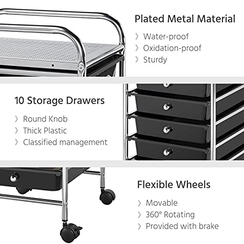 Yaheetech 10-Drawer Rolling Storage Cart with Wheels, Slim Organizer, Black - color: Black, style: 10 Drawers