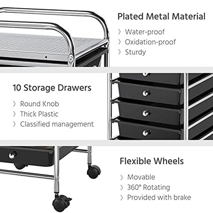 Yaheetech 10-Drawer Rolling Storage Cart with Wheels, Slim Organizer, Black - color: Black, style: 10 Drawers