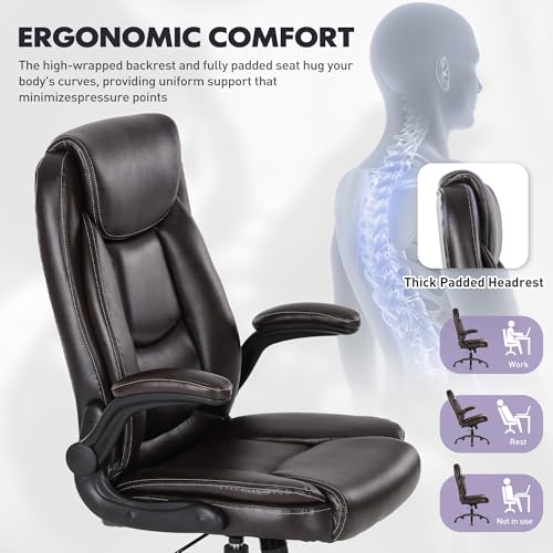 MALOL 300LBS PU Leather High-Back Executive Office Chairs, Heavy Duty Home Ergonomic Computer Chair Flip-Up Armrests & Reclining Backrest, Brown - color: Brown-new