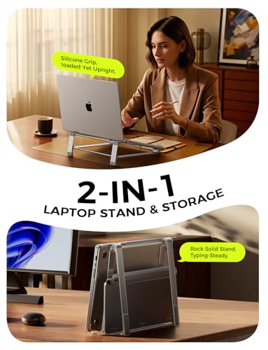 MAGIC JOHN Laptop Stand for Desk, Storage Laptop Riser Portable, Aluminum Ergnomic Computer Stand with Silicone Pads,Cooling & Laptop Holder, Compatible with MacBook Air Pro, HP, Dell, (10-17 Inch)