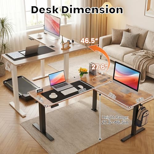 farexon 63x55 Inch L Shaped Standing Desk with Outlets, Electric Adjustable Height Stand Up Desk, Corner sit Stand Desk with Mouse Pad, Hook, Home Office Writing Gaming Computer Workstation, Oak Grey