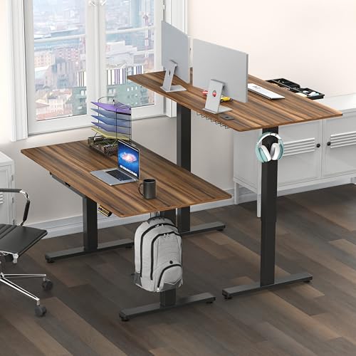 SHW 55 x 28 Electric Height Adjustable Standing Desk w/Drawer, Walnut - color: Walnut, size: 55-Inch