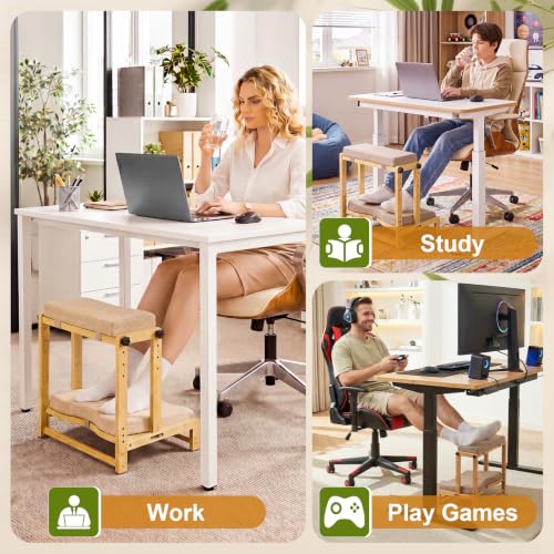 Two-Tier Bamboo Desk Footrest, Adjustable Ergonomic Leg Rest with Cushion | Adjustable 4 Heights Leg Rest with Removable Cushion, Wide Ergonomic Platform Ideal for Office, Gaming, and Study