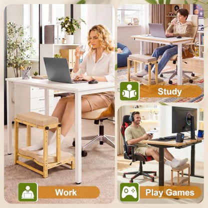 Two-Tier Bamboo Desk Footrest, Adjustable Ergonomic Leg Rest with Cushion | Adjustable 4 Heights Leg Rest with Removable Cushion, Wide Ergonomic Platform Ideal for Office, Gaming, and Study