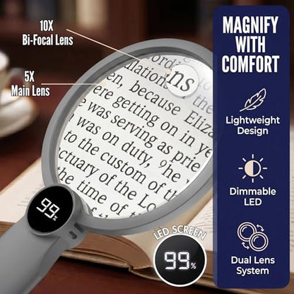 MAGNIPROS Hands-Free Magnifying Glass with Light for Seniors, 5X/10X Rechargeable GooseNeck Magnifier, 3 Color Light Modes, LCD Display, Reading, Sewing, Crafts