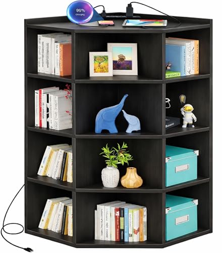 Aheaplus Corner Cabinet, 5-Tier Corner Bookshelf with Power Outlets, Black | Corner Cube Storage Shelf with Top Table, Wooden L Cubby Toy Storage with 12 Cubes for Home Office, Bedroom, Living Room - color: Black, size: 5-Tier