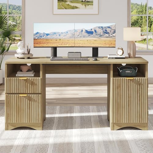 Bestier 59 inch Computer Desk with 2 Drawers, Office Desk with Storage File Cabinet and 2 Open Storage Shelves, Modern Fluted Executive Desk for Home Office Bedroom, Natural Oak - color: Natural Oak, size: 59"W with Double-Sided