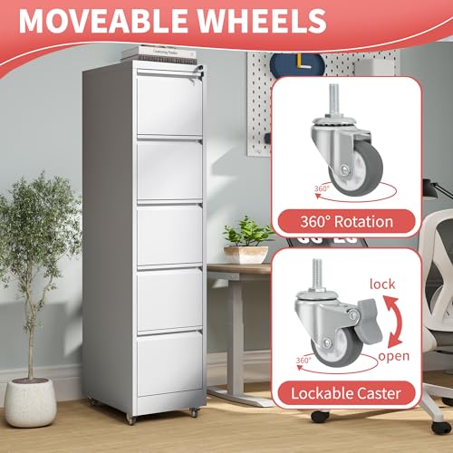 IKIMI 5 Drawer Locking File Cabinet with Wheels,Metal Mobile Filing Cabinet - color: White, size: 5 Drawers with Wheels