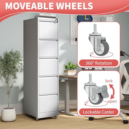 IKIMI 5 Drawer Locking File Cabinet with Wheels,Metal Mobile Filing Cabinet - color: White, size: 5 Drawers with Wheels
