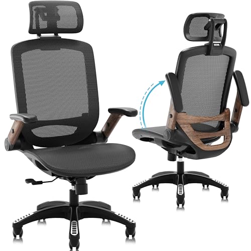 GABRYLLY Ergonomic Office Chair, High Back Home Desk Chair with Headrest, Flip-Up Arms, 90-120° Tilt Lock and Wide Cushion, Big and Tall Mesh Chairs for Man Woman, Black Task Chair(Dark Woodgrain) - color: Black Frame Dark Woodgrain