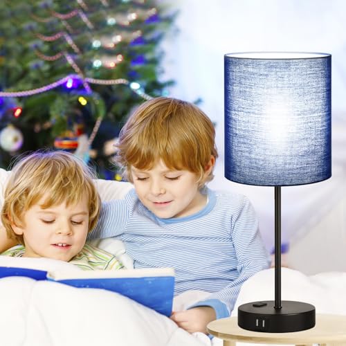 Lynnoland 2 Pack Touch Control Table Lamps with 2 USB & AC Outlet, 3-Way Dimmable Bedside Nightstand Lamps for Bedroom Living Room Nursery, 800 Lumens 5000K Daylight Bulbs Included - color: Navy Blue & Matte Black