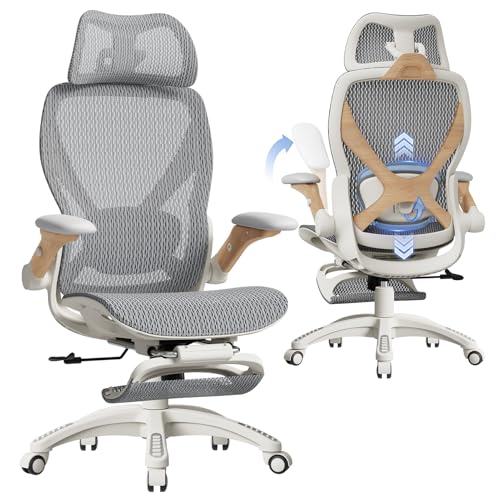 ELABEST X100 Ergonomic Mesh Office Chair with Footrest, Big and Tall Home Desk Chair with 5D Flip-Up Arms, Adjustable 3D Lumbar Support, Gaming & Executive Computer Chair (Foggy Morning) - color: Foggy Morning