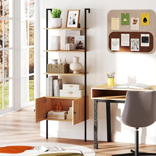 Giantex Ladder Bookshelf with Rattan Cabinet, 5-Tier Tall Wall-Mounted Bookcase with Metal Frame, 72.5" Boho Open Display Shelf Storage Organizer for Living Room, Study, Home Office, Natural