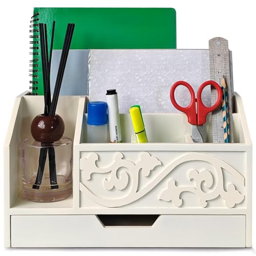 White Wooden Mail Organizer with Drawer, Three Tiered Desk Accessories for Office Organization and Storage, Stylish Countertop Document Storage, Home/Office/Classroom Supplies (White01) - style: White01