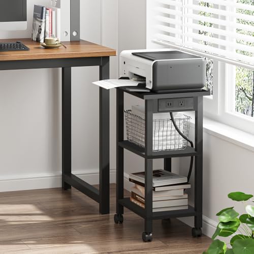 TUTOTAK Printer Stand, 3 Tier Rolling Printer Cart with Charging Station | Small Under Desk Printer Table with Wheels for Small Space, Office, Home, Black PS01BK001 - color: Black, size: 3 tier(15.7 x 11.8 x 23.6inchs)