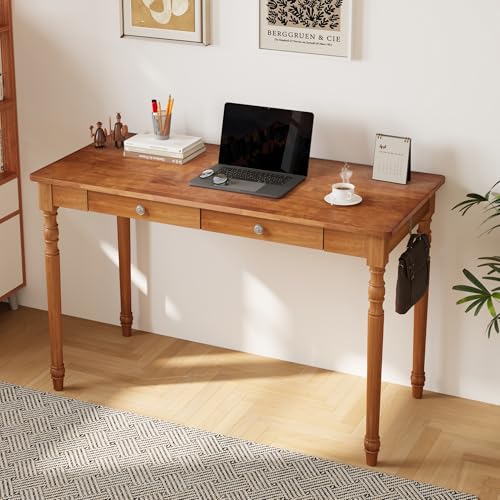 48 Inch Mid Century Modern Desk - Rubber Wood Desk with Drawers, Vintage Desks with 2 Hooks, Mid Century Desks for Bedroom, Living Room & Office, Walnut Color - color: A.walnut Mid Century Desk, size: 47.2 in W x 21.7 in D