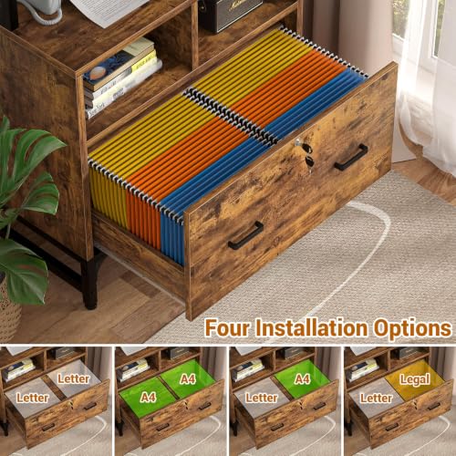 Homieasy Vertical File Cabinet with Shelves and Charging Station - color: Rustic Brown