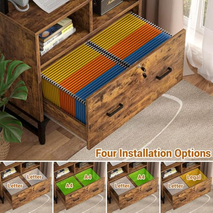 Homieasy Vertical File Cabinet with Shelves and Charging Station - color: Rustic Brown