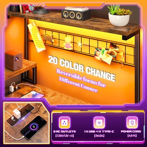 EnHomee 63" L Shaped Gaming Desk with LED Lights & Power Outlets,Brown - color: Rustic Brown, size: 63"W