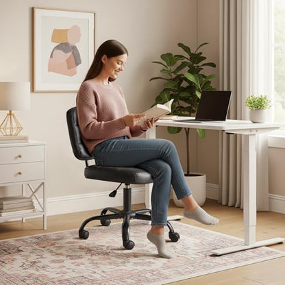 VINGLI Compact Small Desk Chair, Cute Armless Chair with Wheels, Vanity Chair with Low Back, Height Adjustable Task Chair for Small Spaces, Office, Bedroom, Make Up Room, PU Leather, Black - color: Black