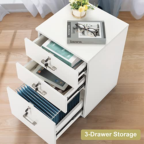 Bonnlo 26" H 3 Drawer File Cabinet with Lock, Rolling File Cabinet Under Desk, Mobile File Cabinets for Home Office, Wood White File Cabinet Printer Stand for Letter Size Hanging/Manila File Folders - color: White