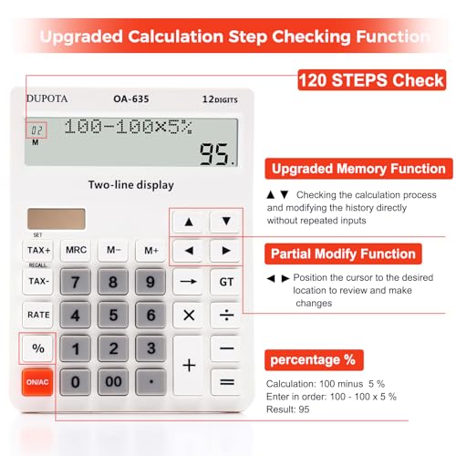 Desk Calculator 2 Line Large Display Big Buttons Vat Calculators | Dual Solar Power and Battery, Calculator with Tax and Check Function for Office, Home, School and Business（OA-635） - size: OA-635