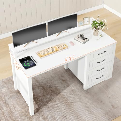 Vabches 47" Farmhouse Executive Desk with 4 Drawers and LED Lights, White - color: White, size: 4 Drawers & Monitor Stand