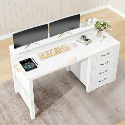 Vabches 47" Farmhouse Executive Desk with 4 Drawers and LED Lights, White - color: White, size: 4 Drawers & Monitor Stand