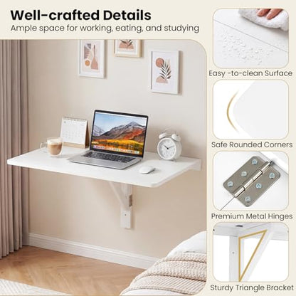 GIANTEX Wall-Mounted Folding Desk, Wooden Floating Laptop Table with Drop Leaf Design, Space-Saving Foldable Wall Desk for Study, Bedroom, Living Room, Laundry (White) - color: White