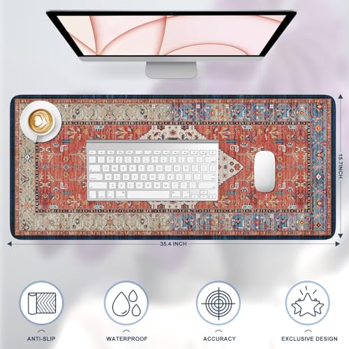 iLeadon Persian Rug Mouse Pad, Large Desk Mat for Keyboard and Mouse | Computer Desk Cover Mat with Smooth Lycra Surface, Mousepad with Non-Slip Base, Keyboard Mats for Women Office, Home - color: Terracotta Red