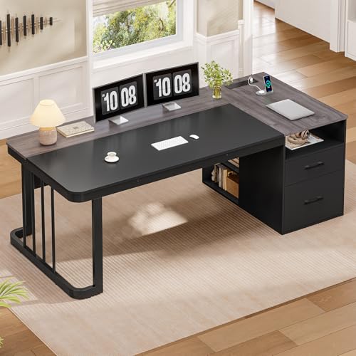 UPOSOJA 70.9" Executive Desk with Power Outlet, Large Office Desk with Drawers & Lateral File Cabinet, Modern Long Computer Desk with Adjustable Storage Shelves, Workstation Business Furniture (Grey) - color: Grey