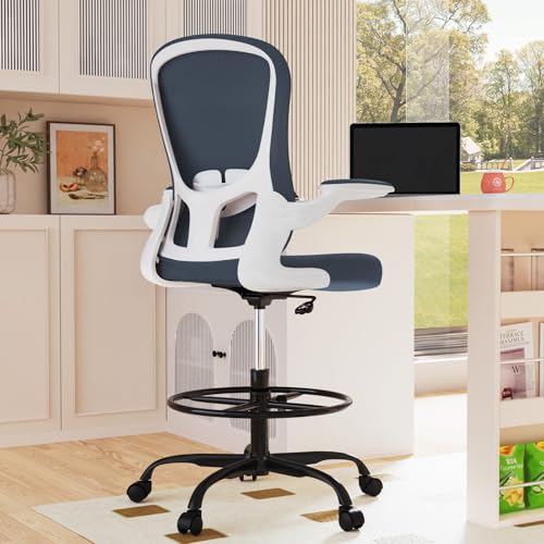 Drafting Chair, Tall Office Chair with Flip-up Armrests Executive Ergonomic Computer Standing Desk Chair, Office Drafting Chair with Lumbar Support and Adjustable Footrest Ring - color: Dark Grey