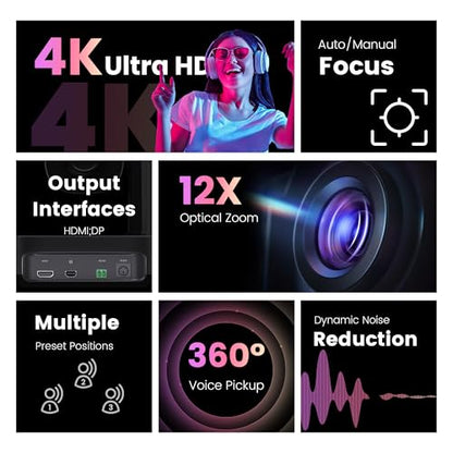 All-in-One PTZ 4K Conference Room Camera System with Bluetooth Speakerphone 12X Optical Zoom HDMI Wide View Angle Lens Works with Zoom Webex for Large Meeting Room - style: 4K 12X Zoom HDMI NO EX MIC