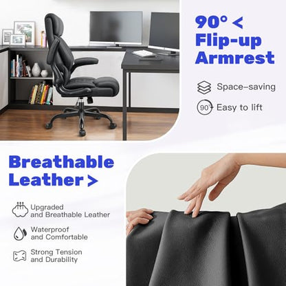 High Back Executive Office Chair - Ergonomic Computer Desk with Rocking Function, Leather Managerial with Adjustable Flip-Up Armrests and Lumbar Support - color: Black, style: Without Footrest