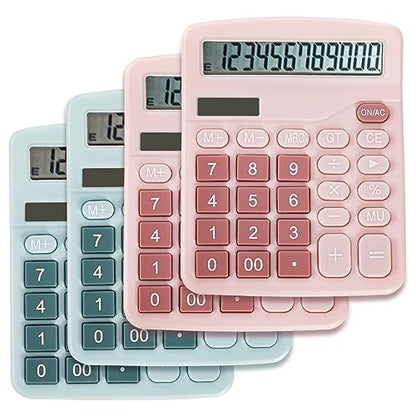 Noamus 4 Pack Handheld Desktop Calculators, Solar Battery Dual Power Basic Calculator 12 Digit Large Display, Standard Functional Desk Calculator Big Sensitive Button for Office Home School Pink Blue