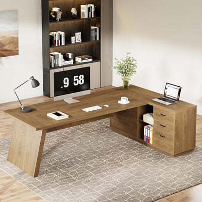 Tribesigns 78" L-Shaped Executive Desk, Large Modern Office Desk with Drawers and Lateral File Cabinet, Business Furniture with Storage Shelves, Big Computer Table for Home Office (Brown) - color: Brown