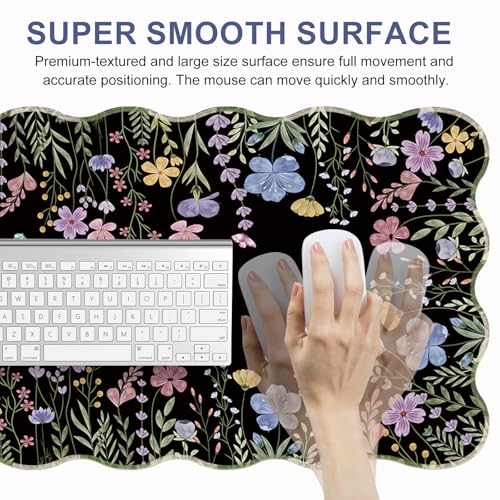 L-SPOUTTO Black Floral Mouse Pad,Scalloped Desk Mat XXL Gaming Mousepad | Botanical 35.4x15.7in Large Non-Slip Rubber Base Keyboard Pad Waterproof Desktop Mat for Laptop Computer Game Home Office - color: Flowers