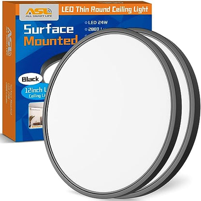 Allsmartlife Flush Mount Ceiling Light 2 Pack, Dimmable CCT 3000K/4000K/6500K Round Led Ceiling Light, 12 inch 24W Laundry Room Light Fixtures for Bedroom, Bathroom - color: Black, size: 12inch 2-Pack
