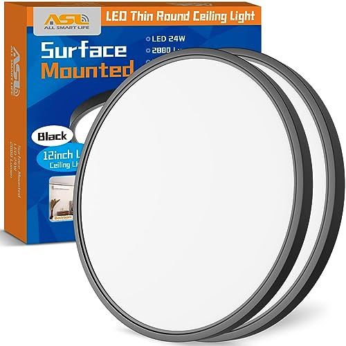 Allsmartlife Flush Mount Ceiling Light 2 Pack, Dimmable CCT 3000K/4000K/6500K Round Led Ceiling Light, 12 inch 24W Laundry Room Light Fixtures for Bedroom, Bathroom - color: Black, size: 12inch 2-Pack