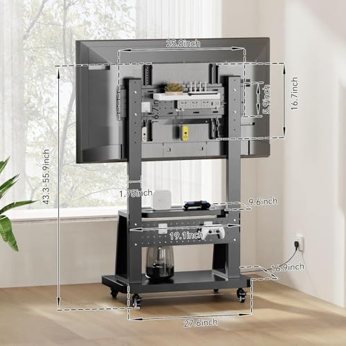 Mobile TV Stand on Wheels for 32-75 Inch TVs | with Perforated Panel Storage&Shelf, Height Adjustable Heavy-Duty Holds up to 180lbs,Max VESA 600 * 400mm - color: All Black