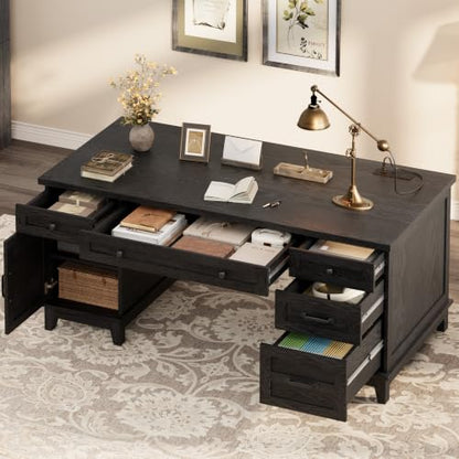 60" Traditional Home Office Desk with Power Outlets, Wooden Executive Desk with File Cabinet and Drawers, Farmhouse Wood Work Desk for Work, Study, Writing, Black - color: Black