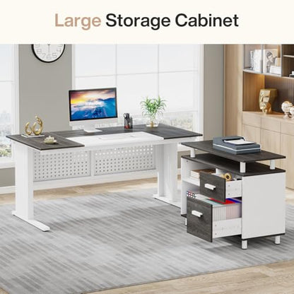 Tribesigns 63 Inch Executive Desk with File Cabinet, L Shaped Office Desk with Drawers and Storage Shelves, Business Furniture Set Workstation for Home Office, Gray and White - color: White and Gray