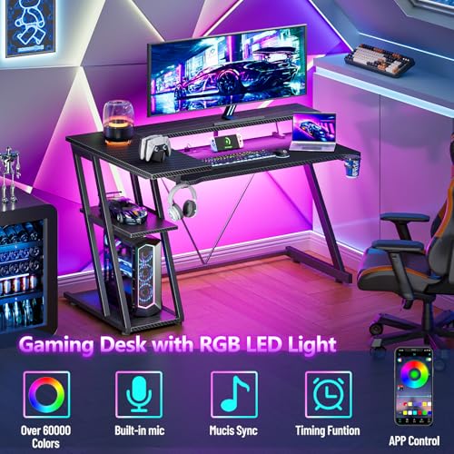 Korfile 40 Inch Gaming Desk with Power Outlet & LED Lights, L Shaped Computer Gaming Table with 3 Tiers Storage Shelves, Corner Gamer Desk with Monitor Stand for Small Space, Carbon Fiber Black | L Shaped Computer Gaming Table, Corner Gamer Table, with 3