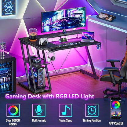 Korfile 40 Inch Gaming Desk with Power Outlet & LED Lights, L Shaped Computer Gaming Table with 3 Tiers Storage Shelves, Corner Gamer Desk with Monitor Stand for Small Space, Carbon Fiber Black | L Shaped Computer Gaming Table, Corner Gamer Table, with 3