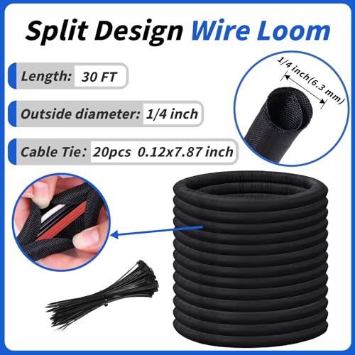 30ft - 1/4in Split Braided Sleeve Cable Management, Self-Wrapping | Flexible loom tubing protects wires from abrasion and heat. Great for automotive, TV, computer, and home electrical use. - size: 1/4inx30ft