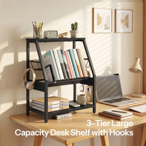 HOOBRO Desktop Bookshelf, 3-Tier Desk Organizer Shelf, Small Office Shelves - color: Black